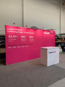 RENTAL: RE-2056 Inline Design with Two 7.5 ft. x 7.5 ft. Graphic Sections, (6) LED Arm Lights, RE-1202 Reception Counter, SEG Fabric Graphics, and Direct Print Sintra Graphics for Reception Counter